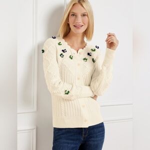 Talbots Cream Cardigan with Ribbed Texture and Embroidery